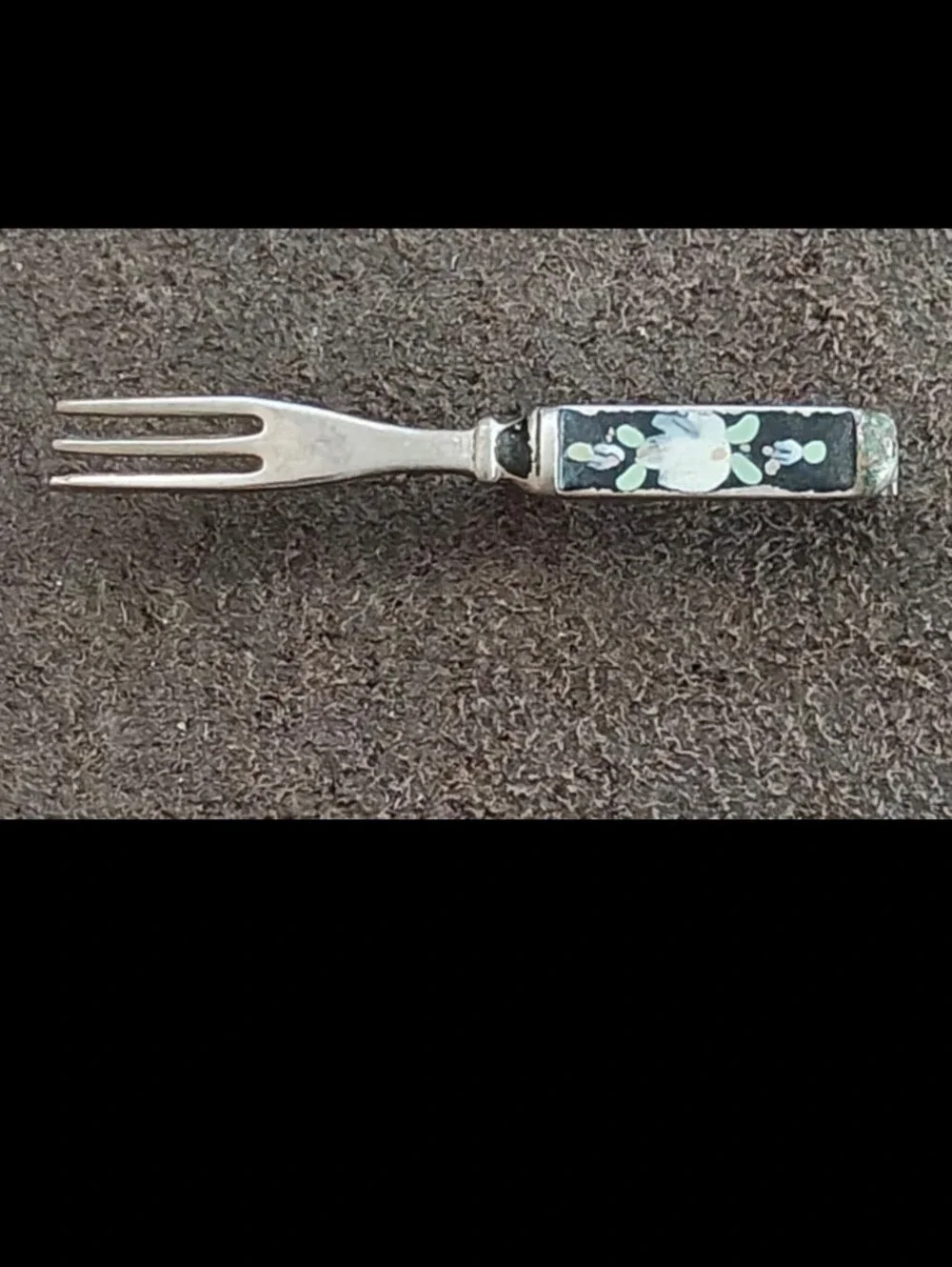 1930s/40s Miniature Silver Tone Fork With Floral Enamel Brooch Pin.